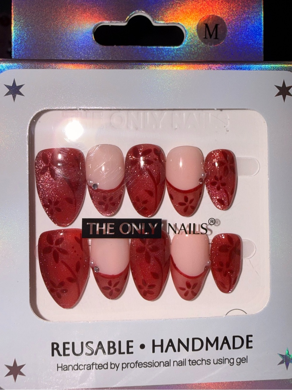 The Only Naild Reflective Red Floral Reusable Handmade Press-On Nail Set